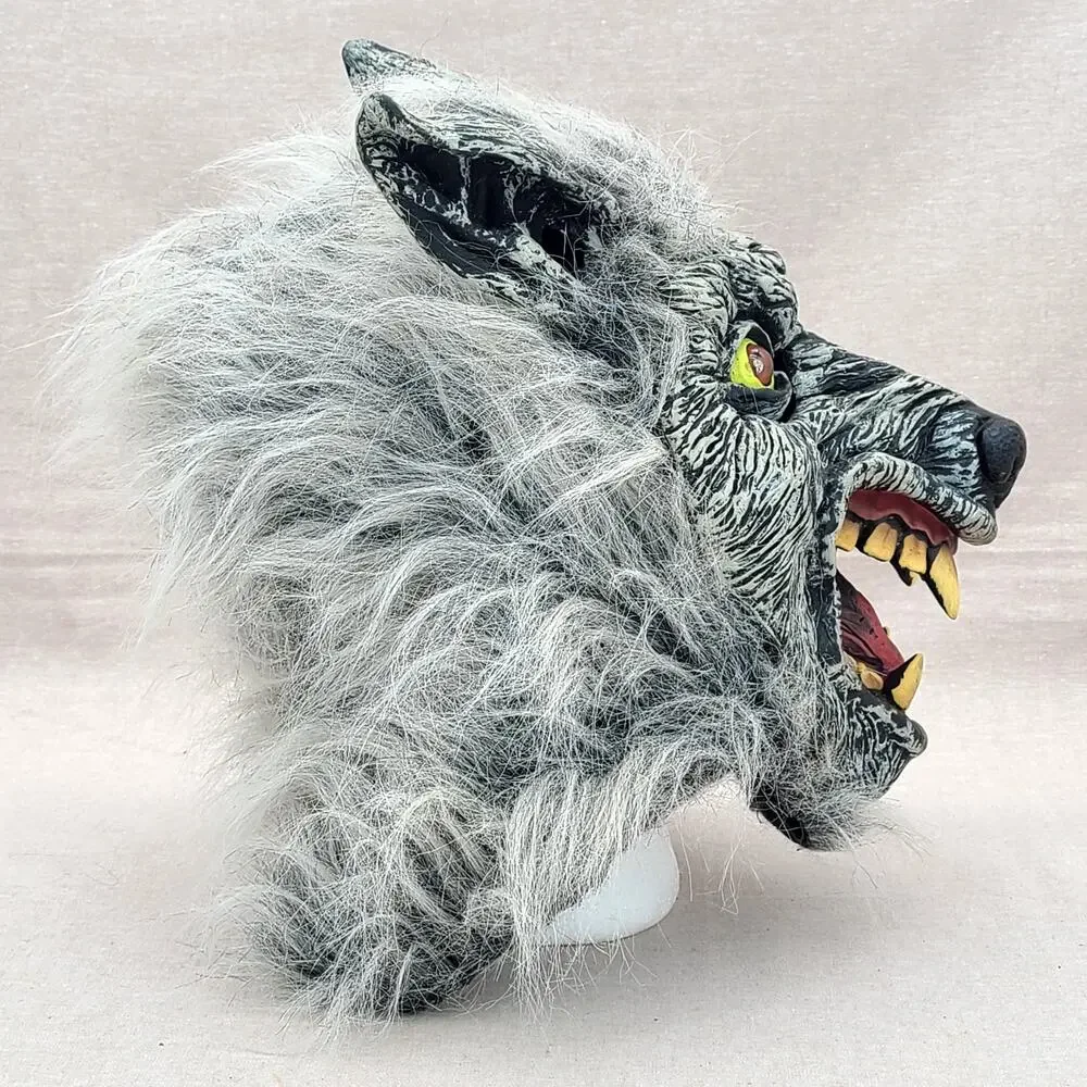 Werewolf Wolf Monster Halloween Deluxe Rubber Mask White Black Gray Faux Fur